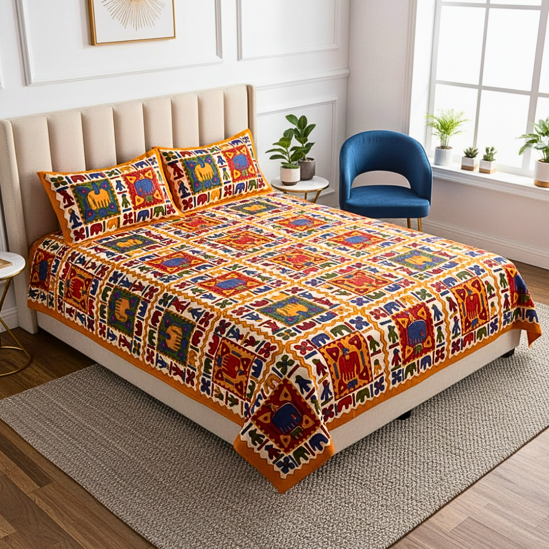 Multicolor Handblock Printed Cotton Bedsheet Queen Size | 100% Cotton Bedspread with 2 Pillow Covers