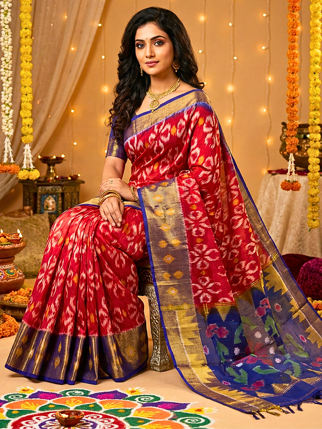 Traditional Handwoven Ikat Cotton Silk Saree for Parties, Festivals & Family Functions