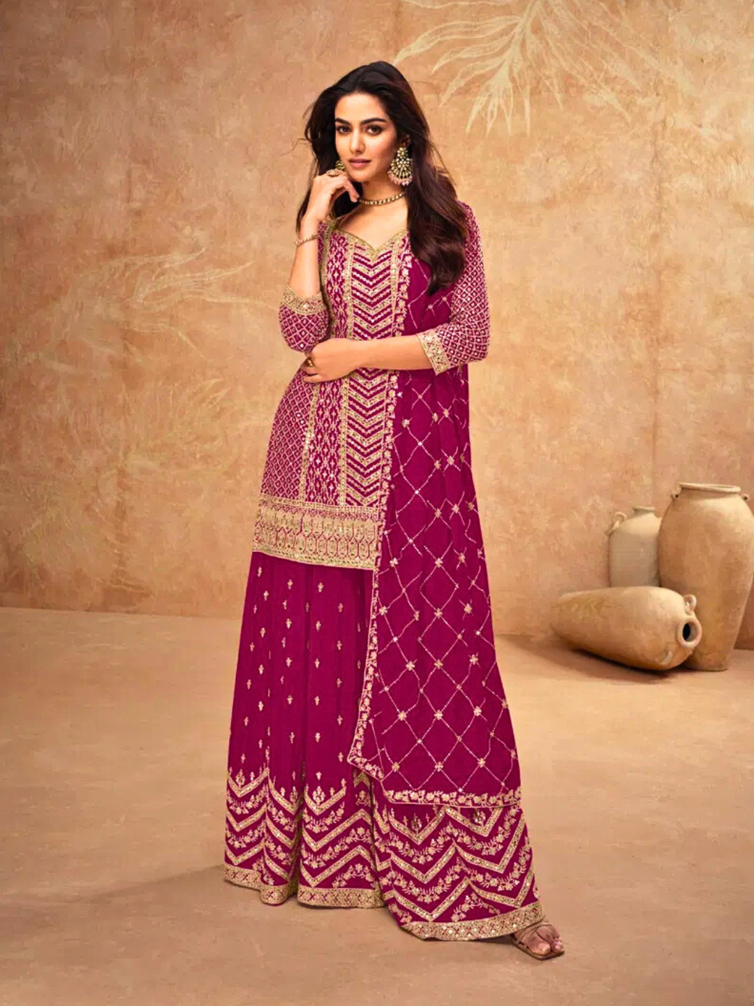 Cherry Red Embroidered Palazzo Suit with Dupatta Party & Wedding Outfit