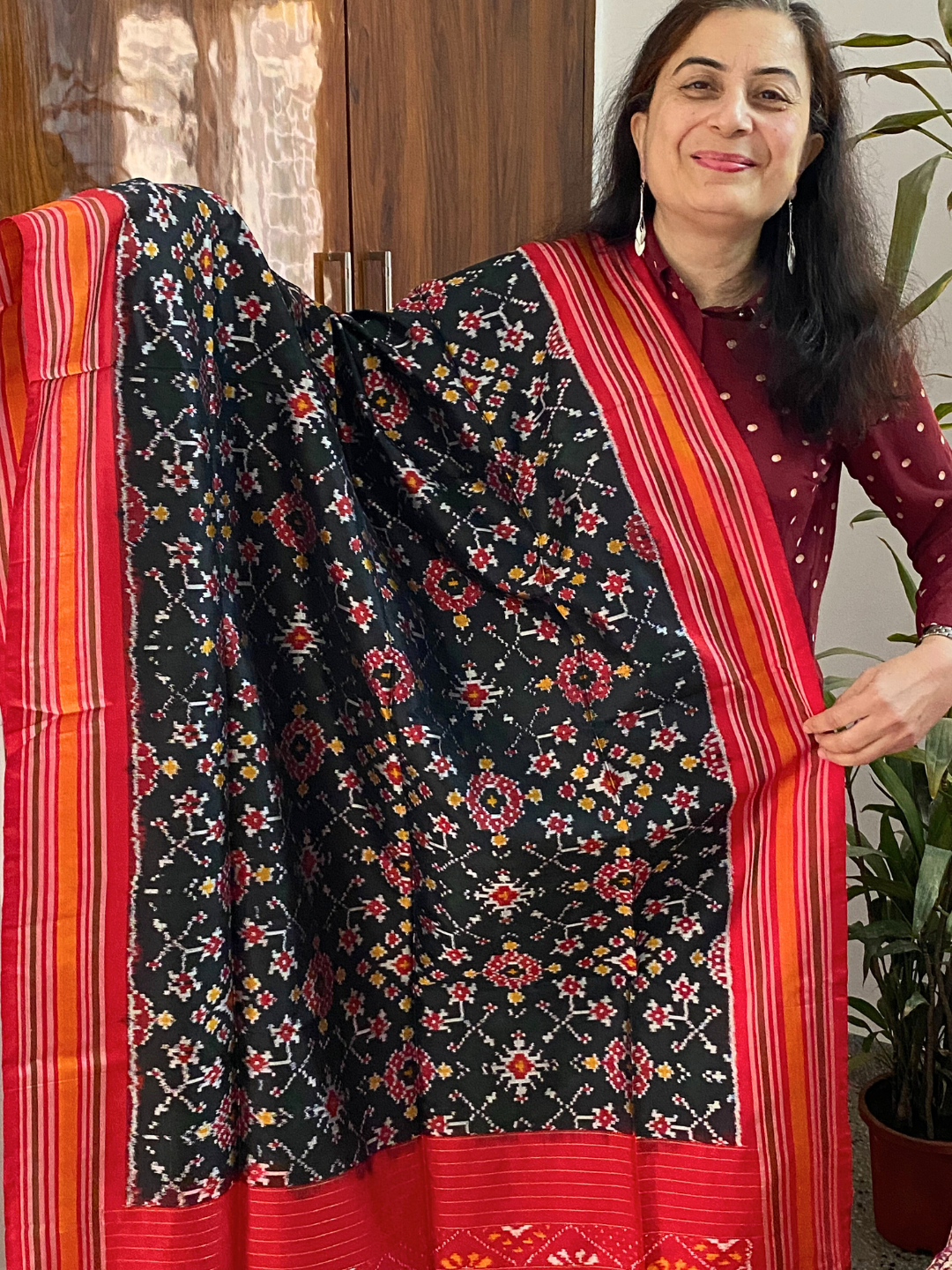 Black silk dupatta , Handmade Pure Silk Ikat Dupatta , Wedding Guest and Festive Party Wear SILK MARK CERTIFIED