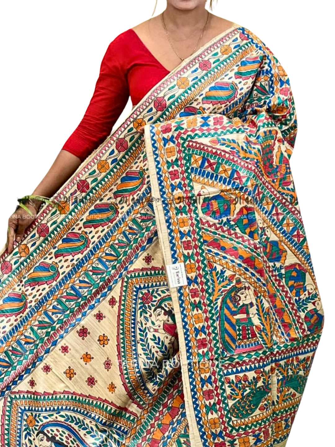 Multicolored Floral Pure Tussar Silk Madhubani Saree