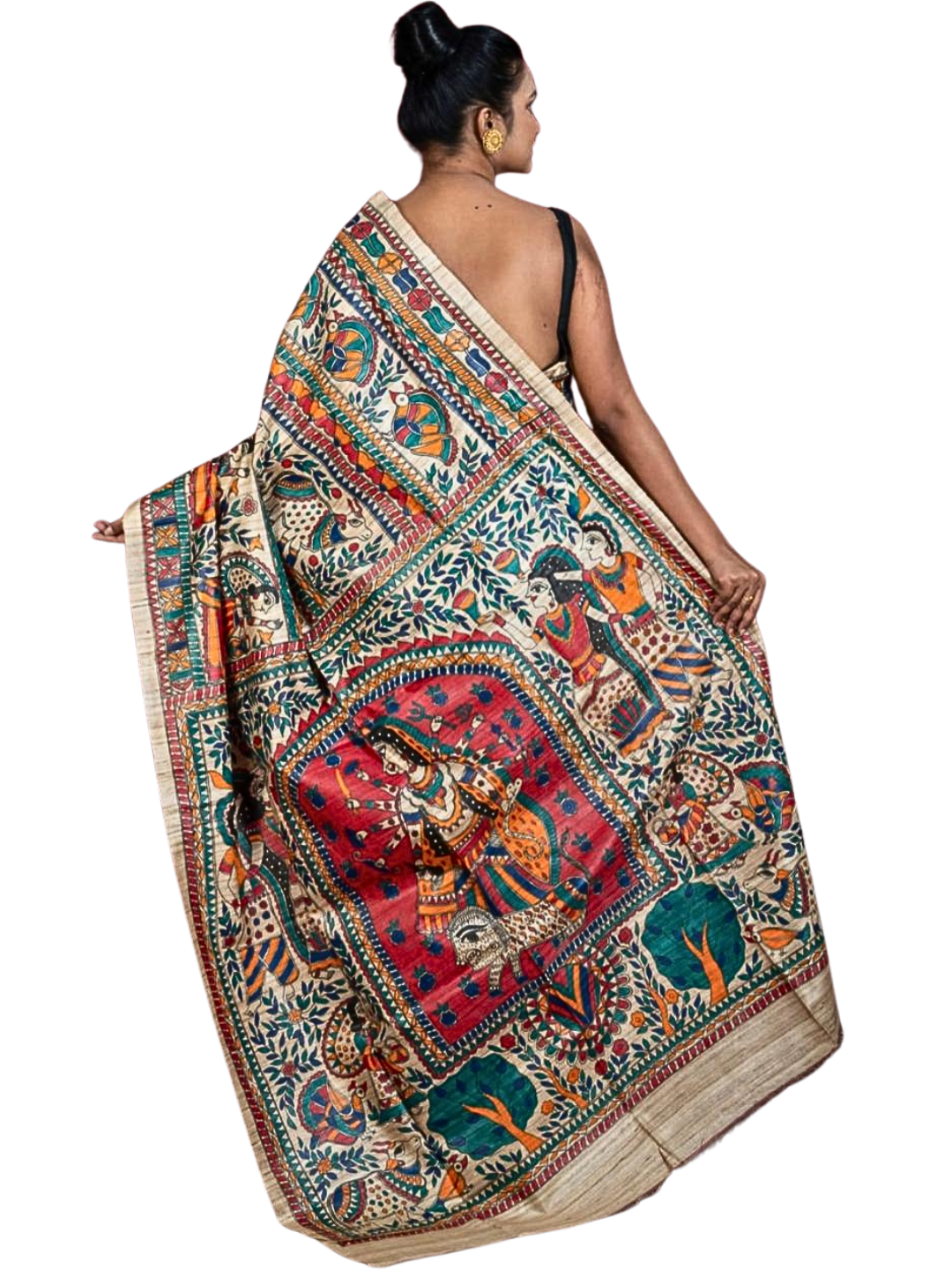 Colourful Pure Tussar Silk Madhubani Saree