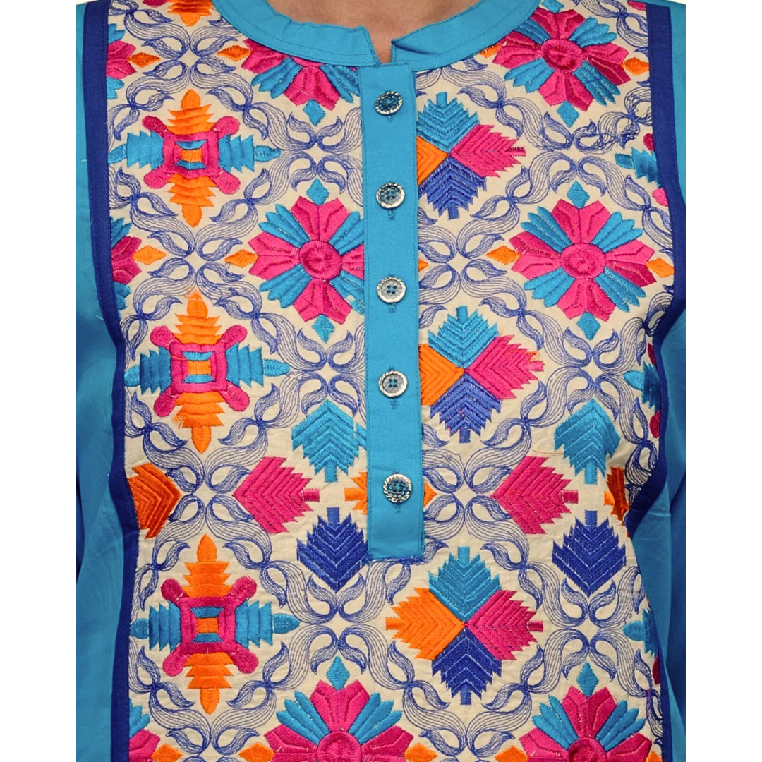 Blue Plus Size Embroidered Cotton Kurti