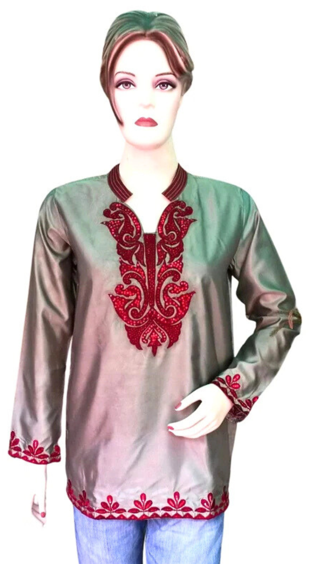Grey Silk Satin Embroidered Kurti | Indian Ethnic Festive Wear | Embellished Kurti