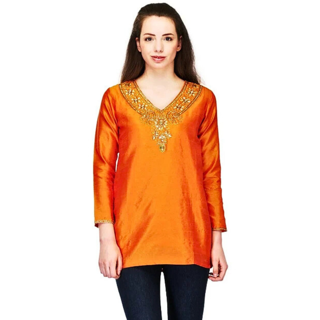 Orange Silk Embellished Kurti for Women | Festive Ethnic Kurti with Hand Embroidery | Diwali & Wedding Outfit