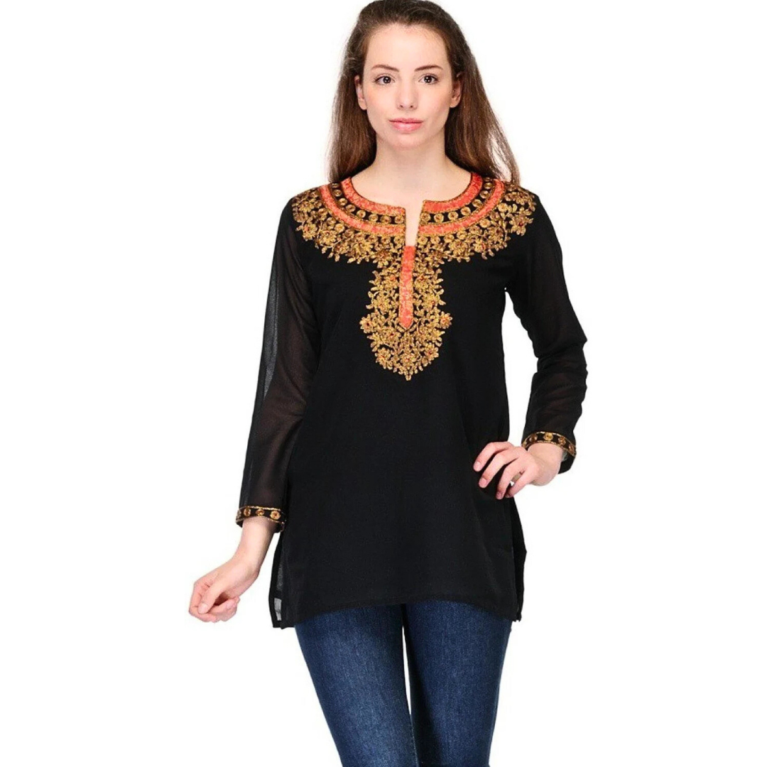 Black Georgette Embroidered Kurti | Black Summer Top | Black Boho Top