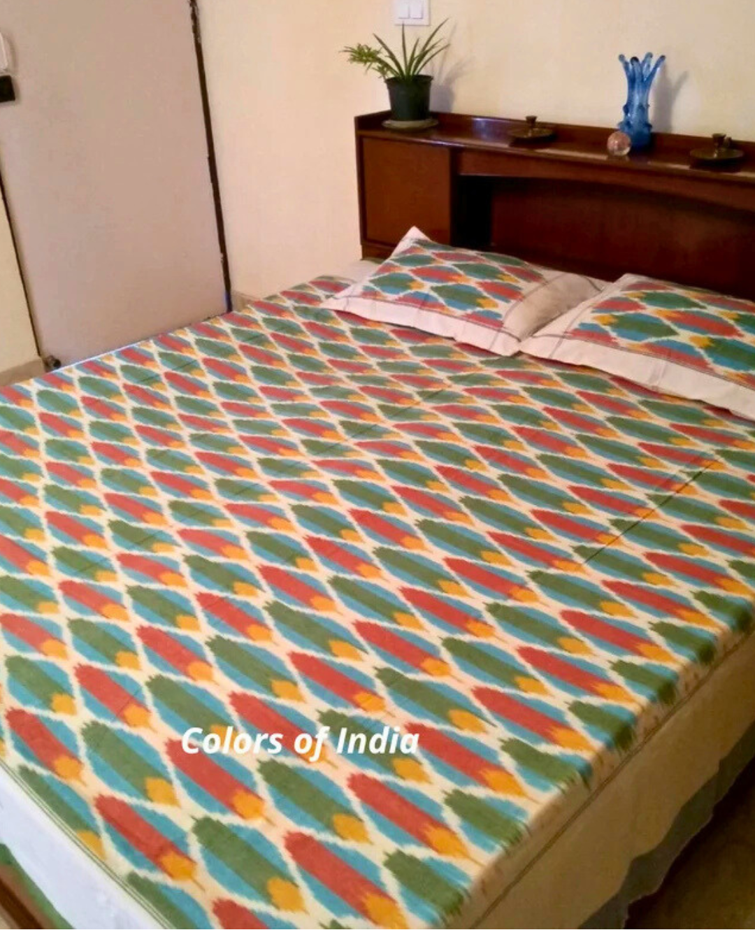 Multicolor Pure Cotton Double Pochampally Ikat Bedcover