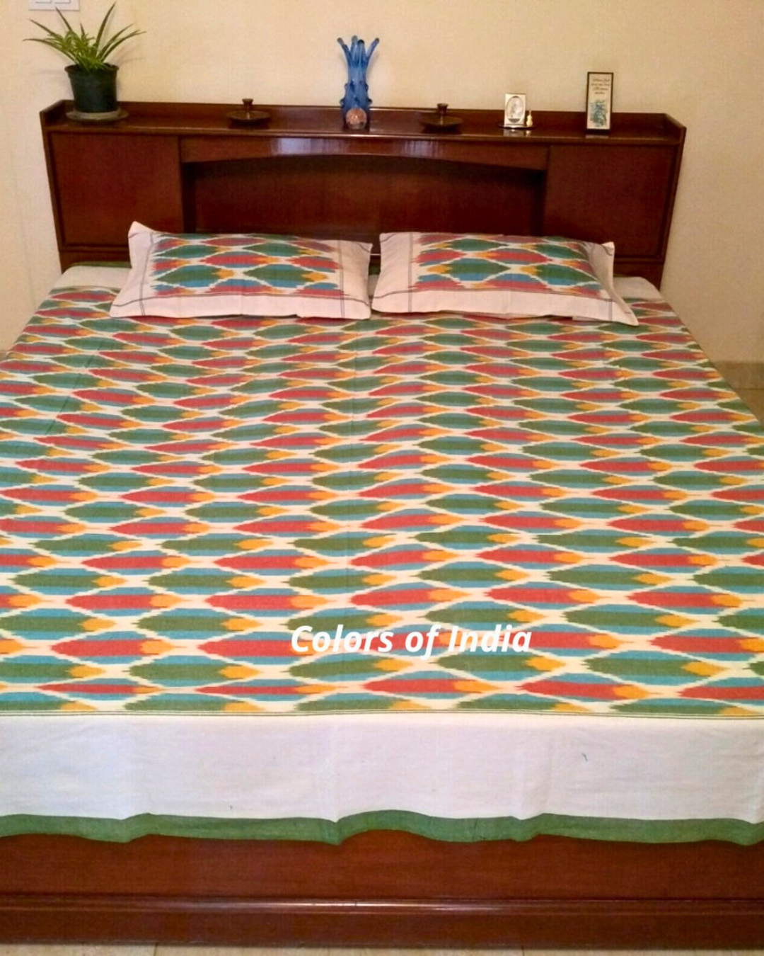 Multicolor Pure Cotton Double Pochampally Ikat Bedcover