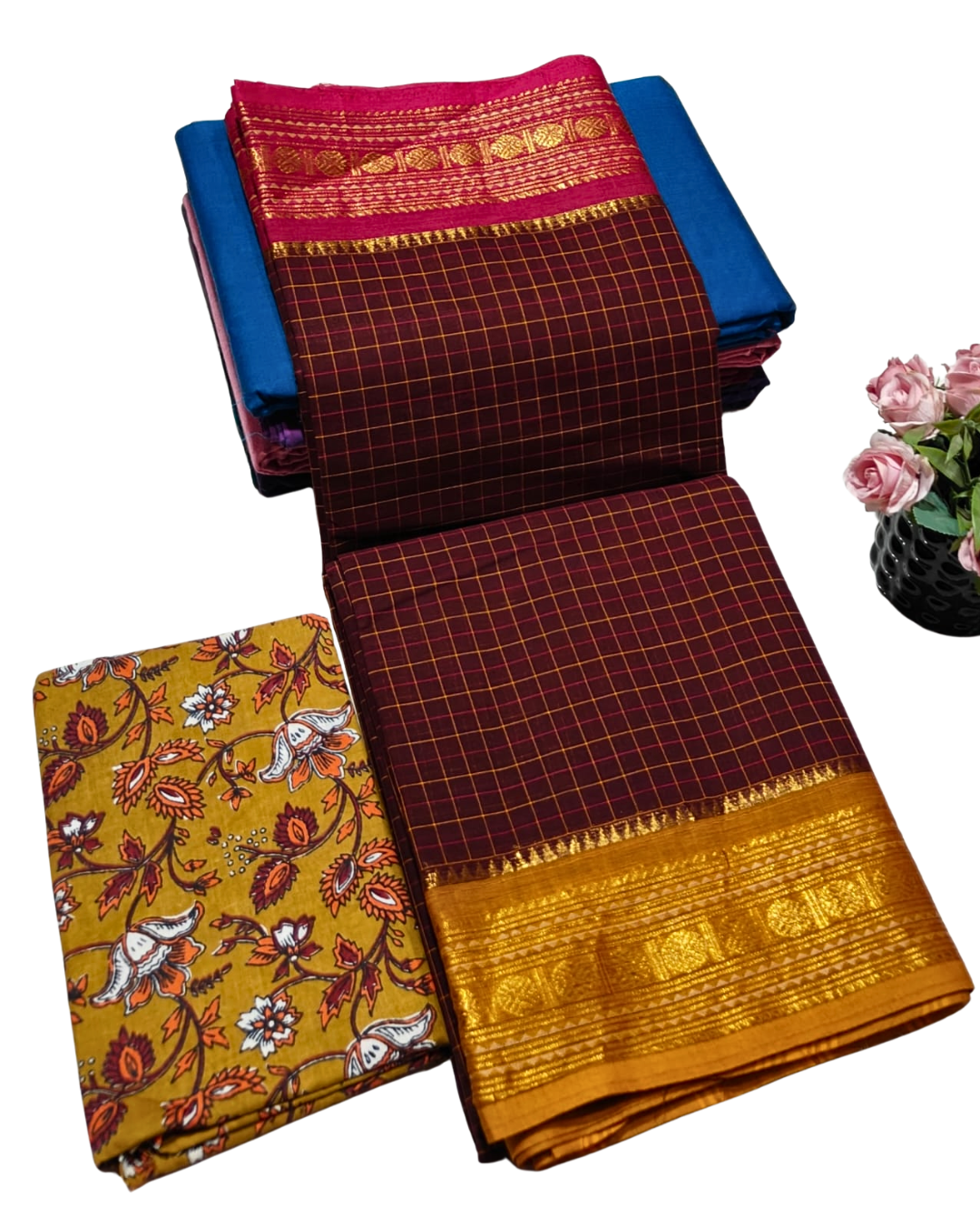 kanchi check saree with border , Cotton sarees for women , Summer saree , Kanchi saree