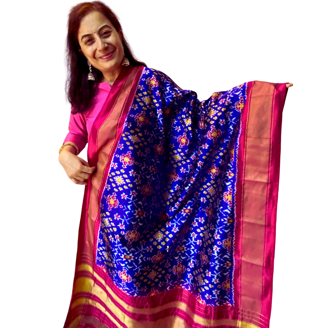 Royal blue silk dupatta , Pure Silk Ikat Dupatta , Handwoven Dupatta for Diwali & Wedding Season , SILK MARK CERTIFIED