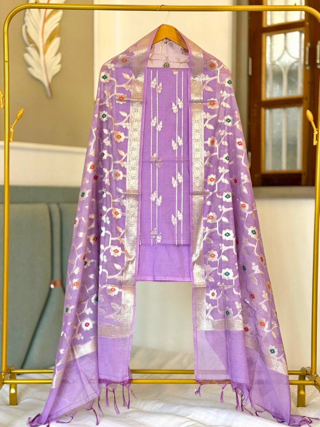 Banarasi Chanderi Cotton Dress Material with Zari & Floral Weaving – Unstitched Party & Festive Wear Suit