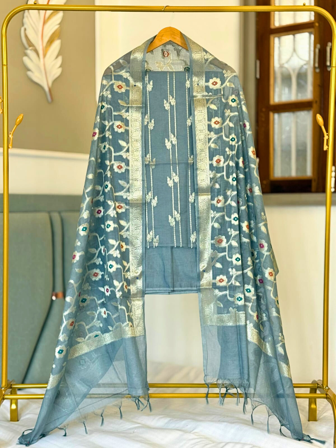 Banarasi Chanderi Cotton Dress Material with Zari & Floral Weaving – Unstitched Party & Festive Wear Suit