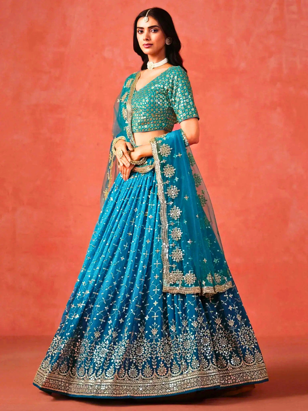 Turquoise Blue Embroidered Wedding Lehenga Choli | Party & Festive Wear