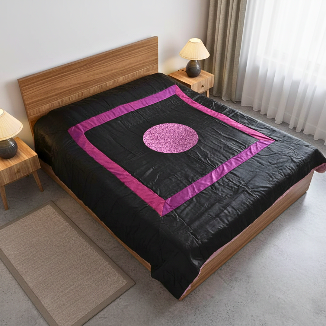 Queen Size Black Satin Quilt with Sequin Center | Elegant Handmade Bedspread for Modern Bedrooms
