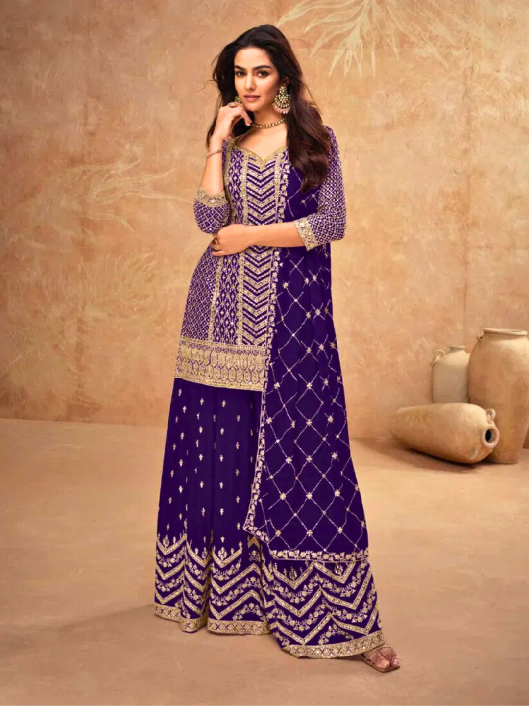 Purple Embroidered Palazzo Suit with Dupatta Traditional Wedding Wear