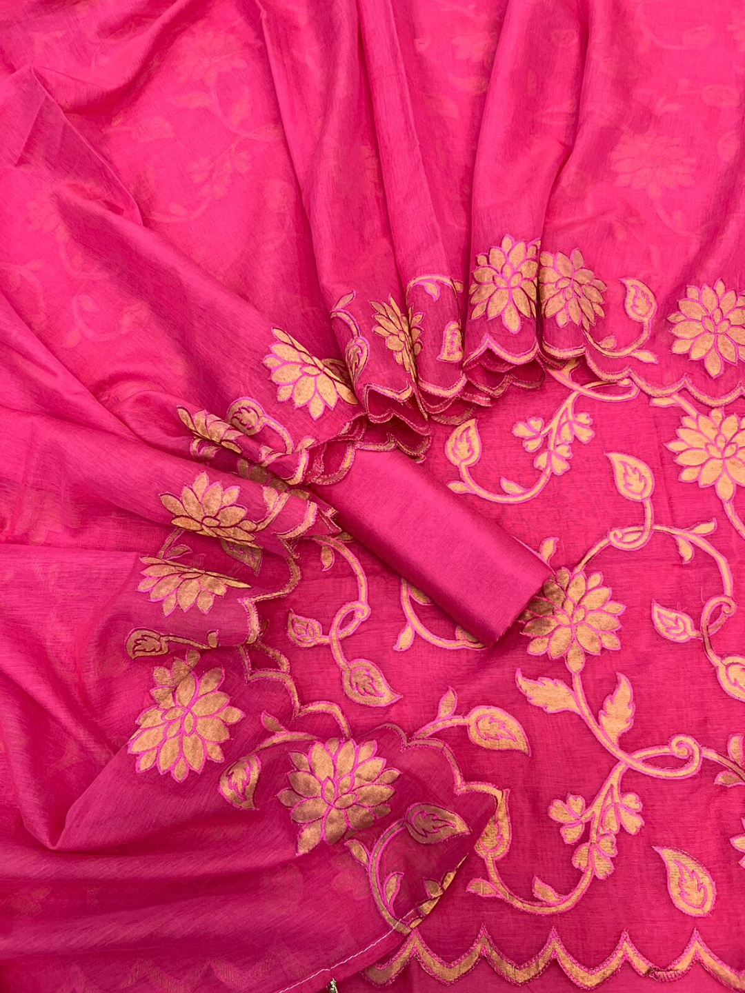 Pure Chanderi Applique Suit Set | Unstitched Designer Dress Material