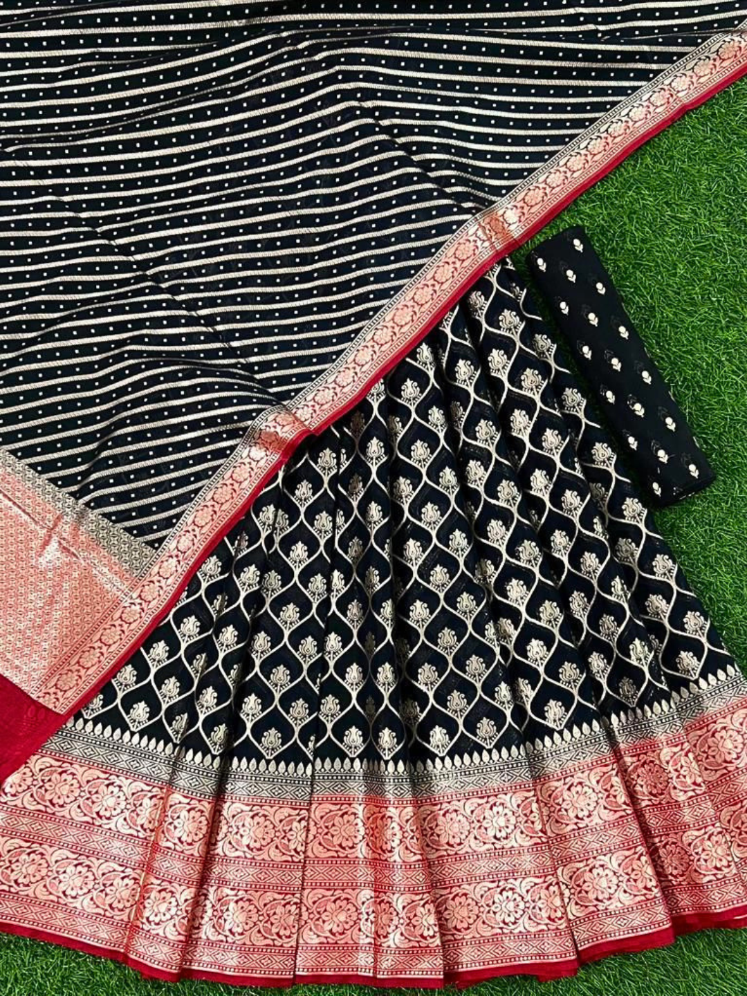 Black Banarasi Chanderi Unstitched Lehenga Choli with Red Border & Dupatta | Wedding & Festive Wear