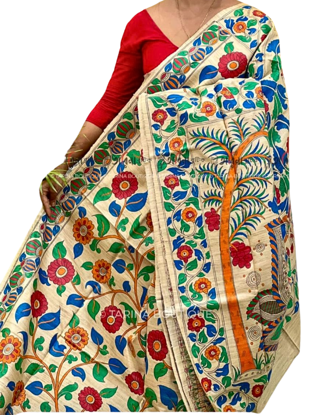 Cream Pure Tussar Silk Saree with Multicolor Madhubani Print | Indian Silk Sari