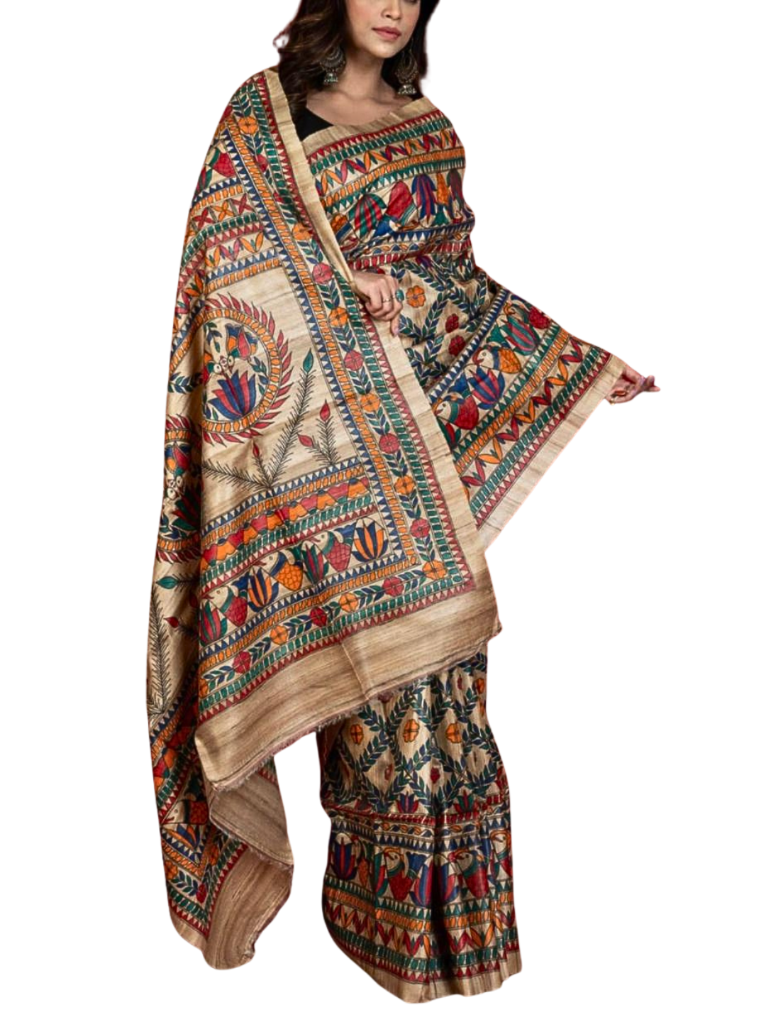Multicolor Madhubani Printed Pure Tussar Silk Saree