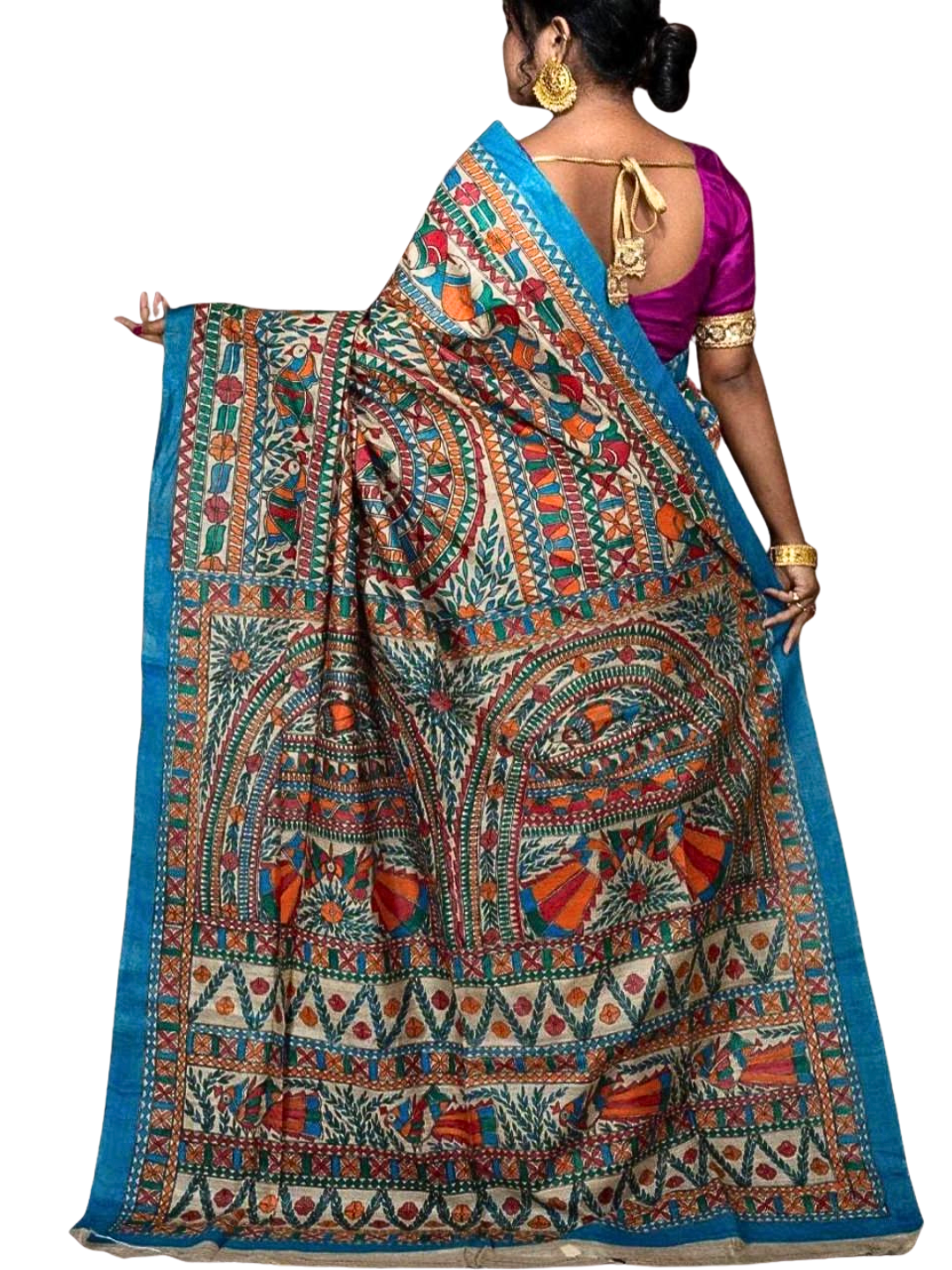 Blue Pure Tussar Silk Madhubani Saree