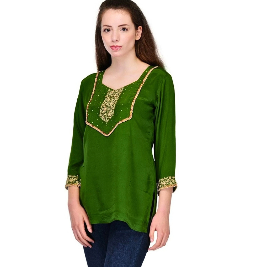 Green Silk Party Wear Top | Silk Evening Wear Top for Women