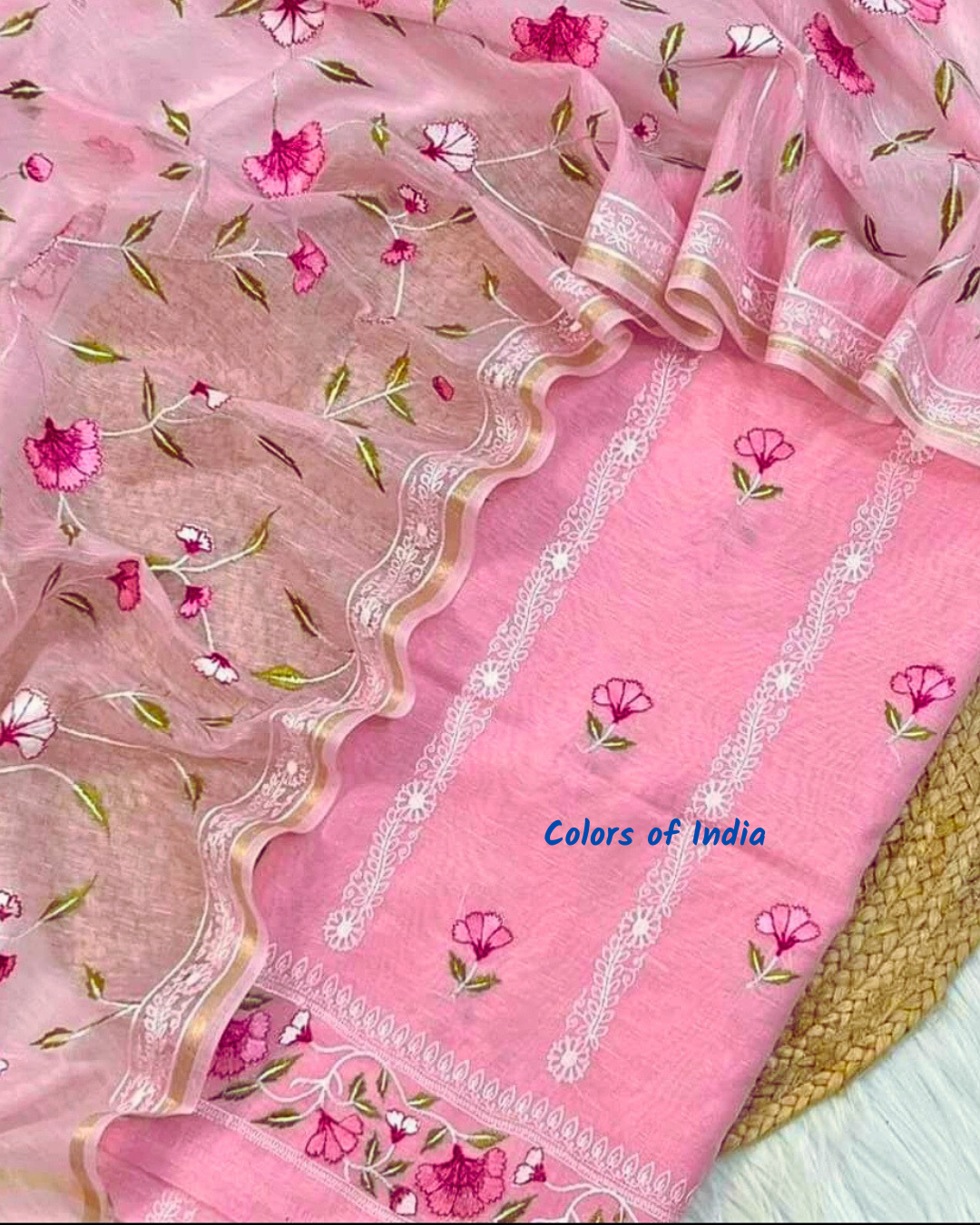 Linen salwar suit dupatta set with embroidery