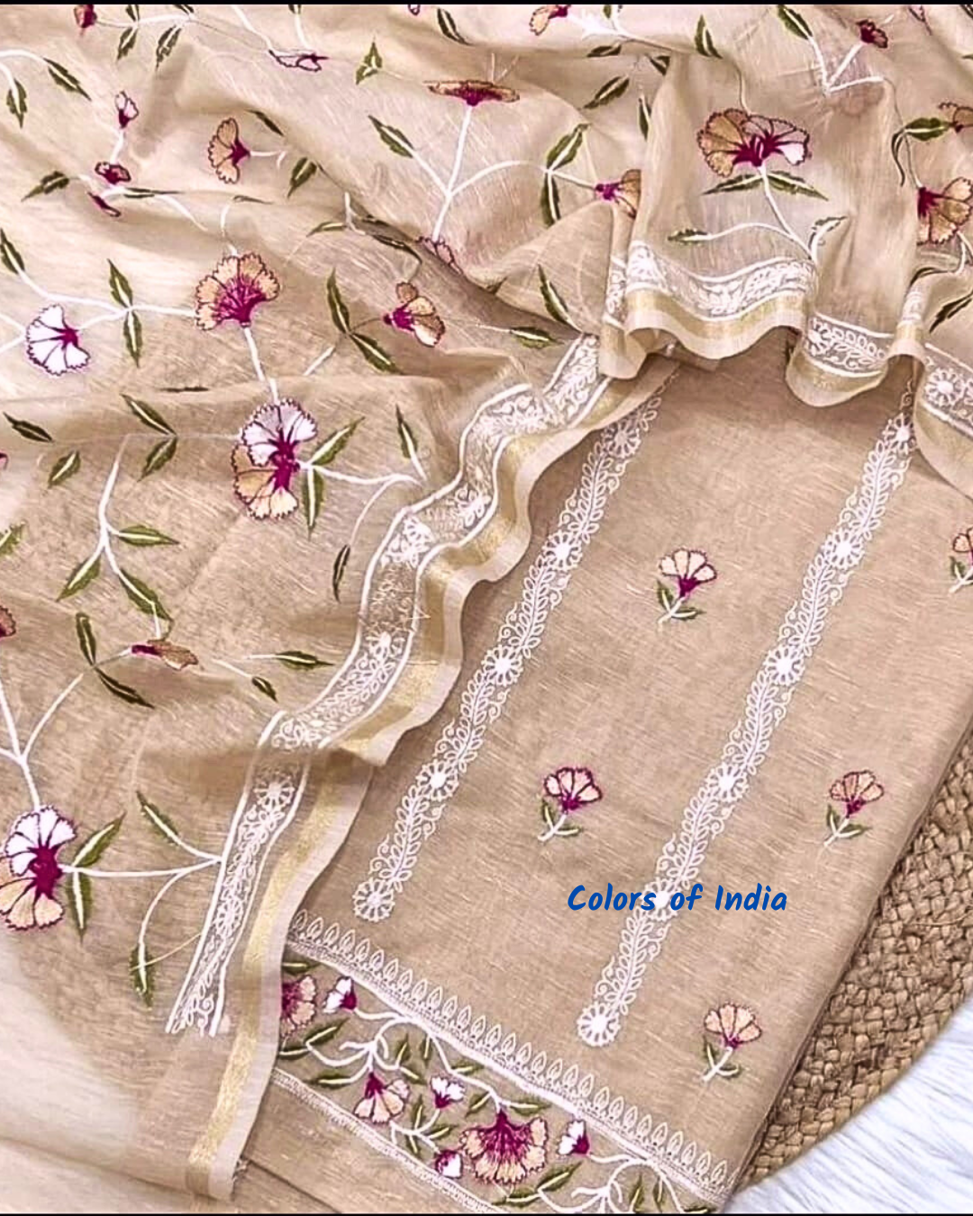 Linen salwar suit dupatta set with embroidery
