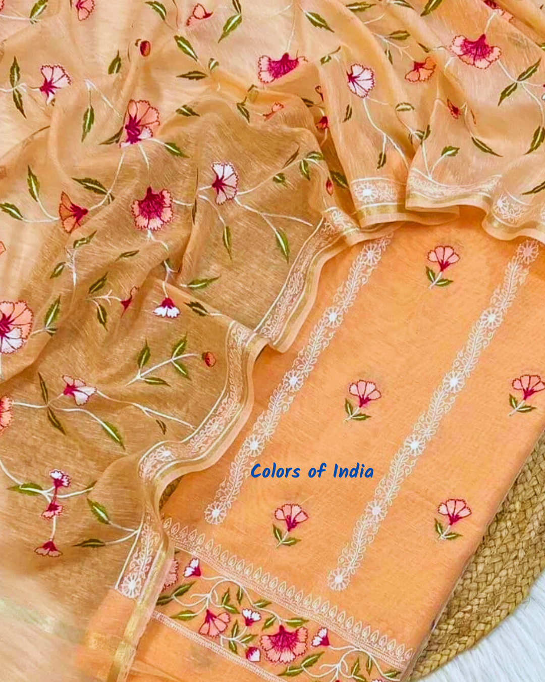 Linen salwar suit dupatta set with embroidery