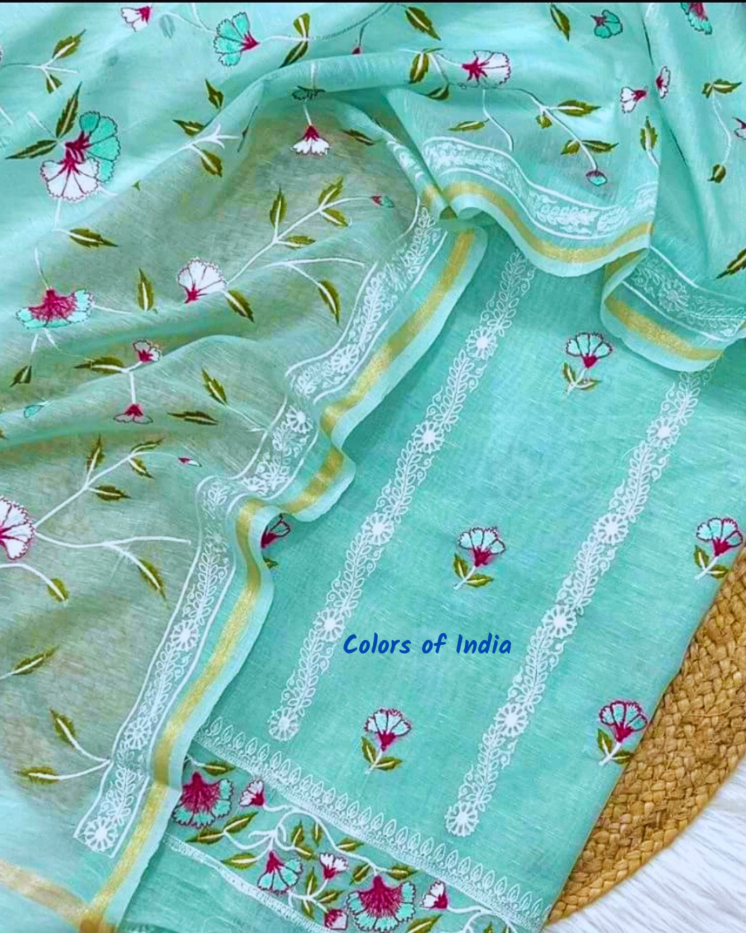 Linen salwar suit dupatta set with embroidery
