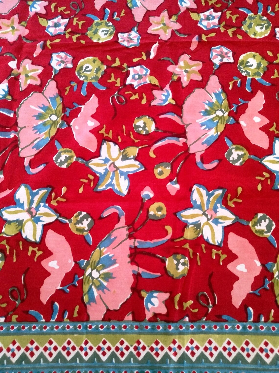 Festive Handblock Printed Cotton Table Cloth – Red Floral Dining Table Linen for Holiday & Diwali Decor