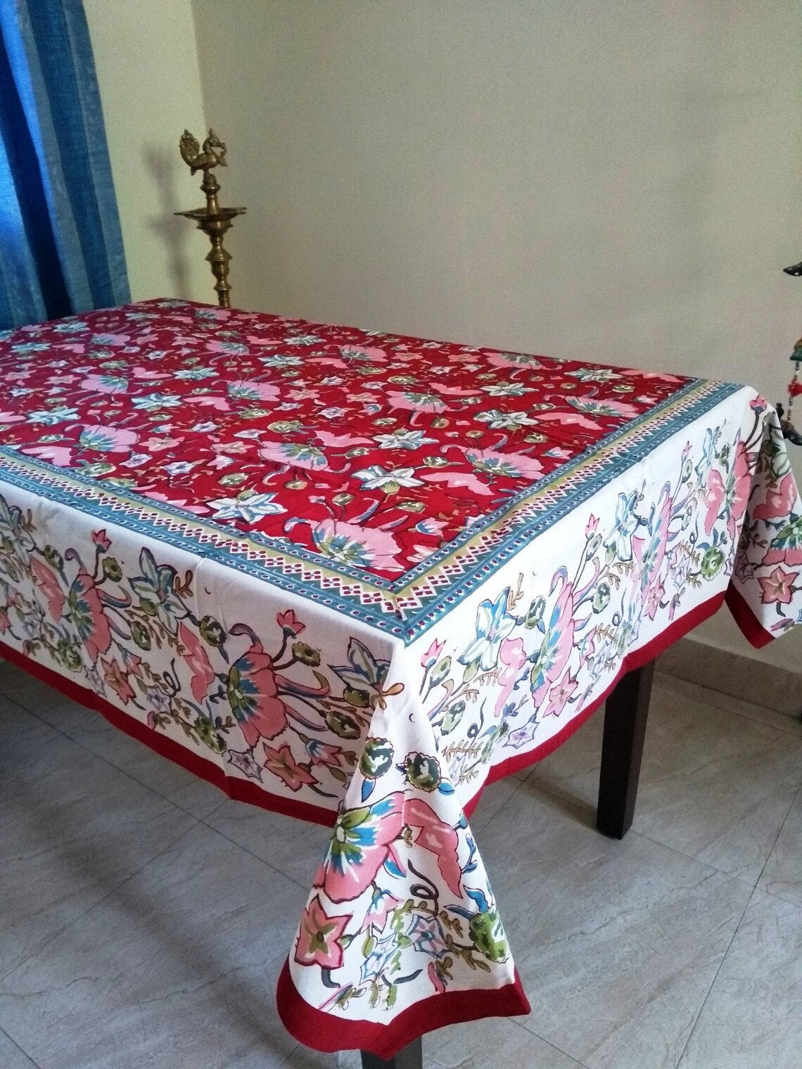 Festive Handblock Printed Cotton Table Cloth – Red Floral Dining Table Linen for Holiday & Diwali Decor