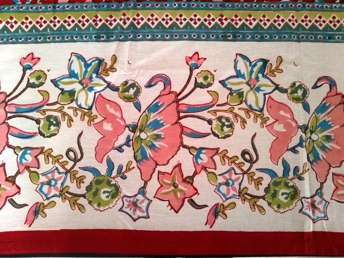 Festive Handblock Printed Cotton Table Cloth – Red Floral Dining Table Linen for Holiday & Diwali Decor