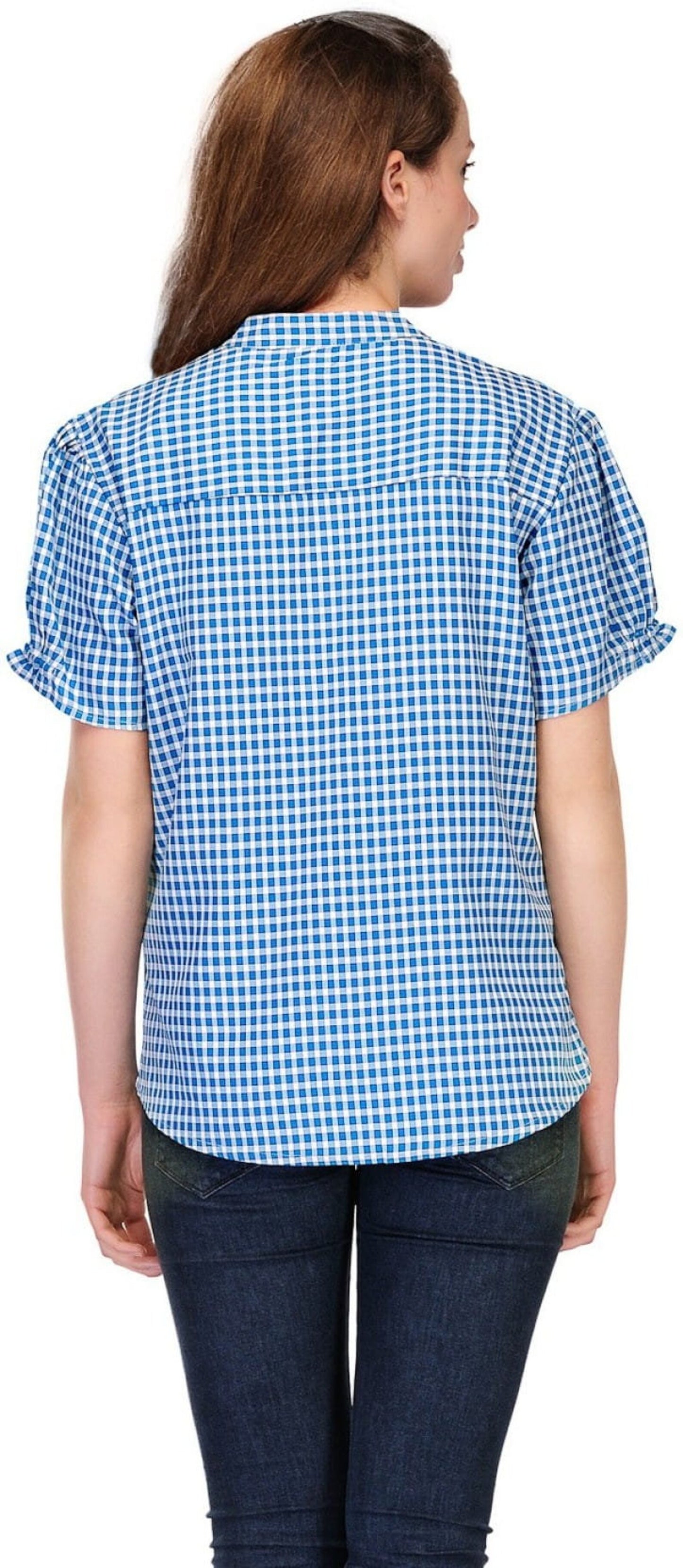 Women’s Blue Check Viscose Blend Short Sleeve Top – Casual & Office Wear Button-Down Blouse