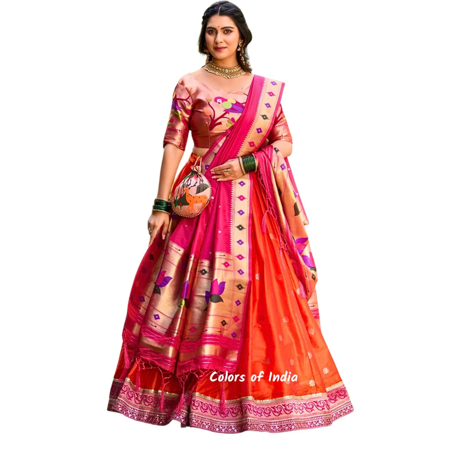 Paithani Orange Lehenga Choli | Wedding Lehenga Dress | Bridal Lehenga Orange