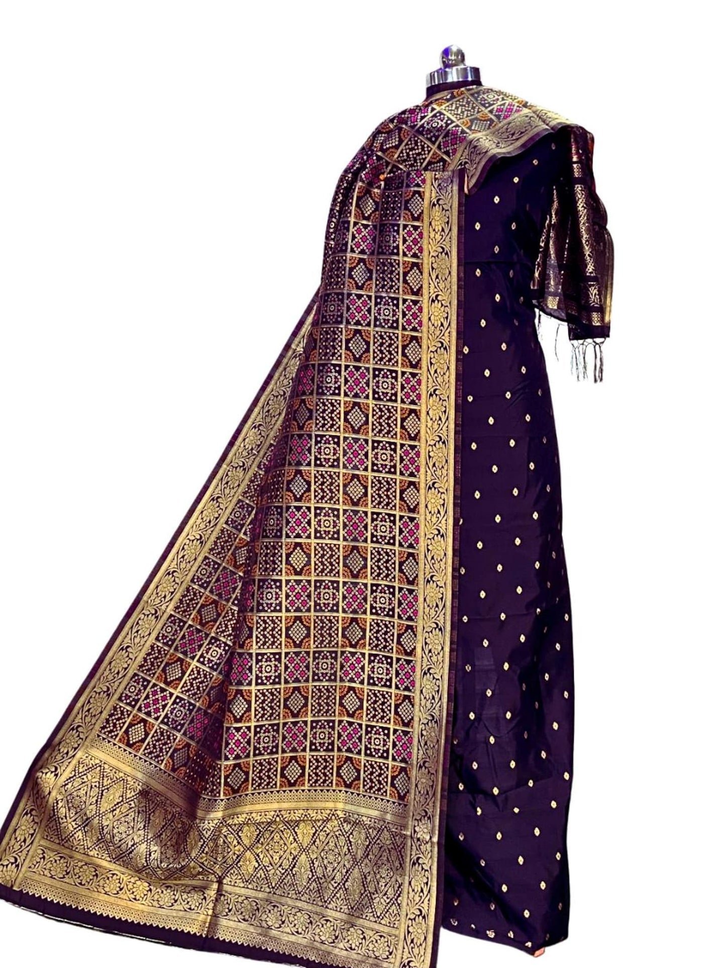 Banarasi Silk Blend Unstitched Suit Set with Bandhej Dupatta – Wedding & Festive Collection