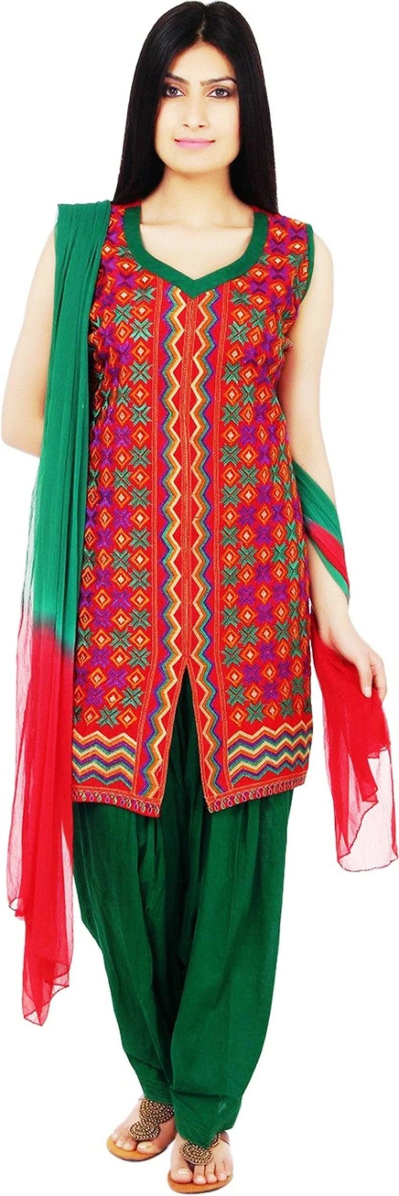 Red Phulkari Embroidered Readymade Salwar Suit Set… Chest 40 Inches , FREE DELIVERY