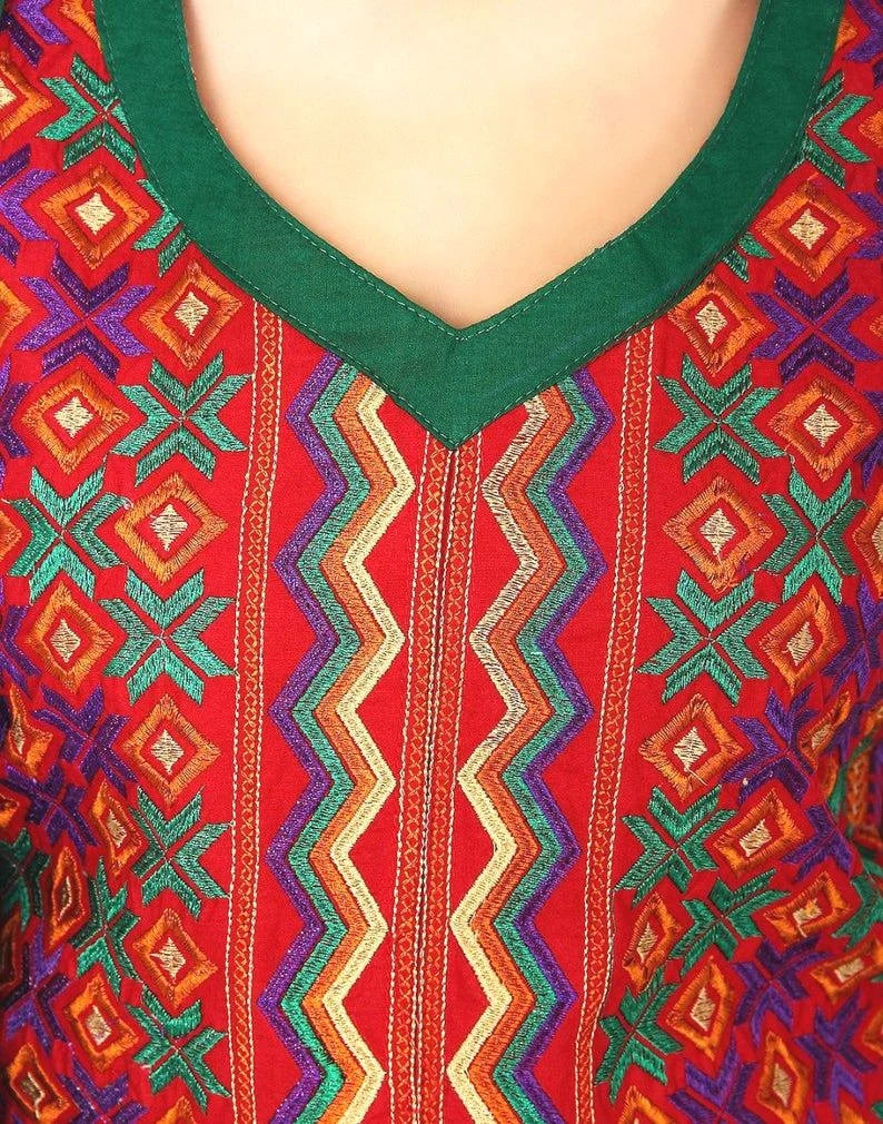 Red Phulkari Embroidered Readymade Salwar Suit Set… Chest 40 Inches , FREE DELIVERY