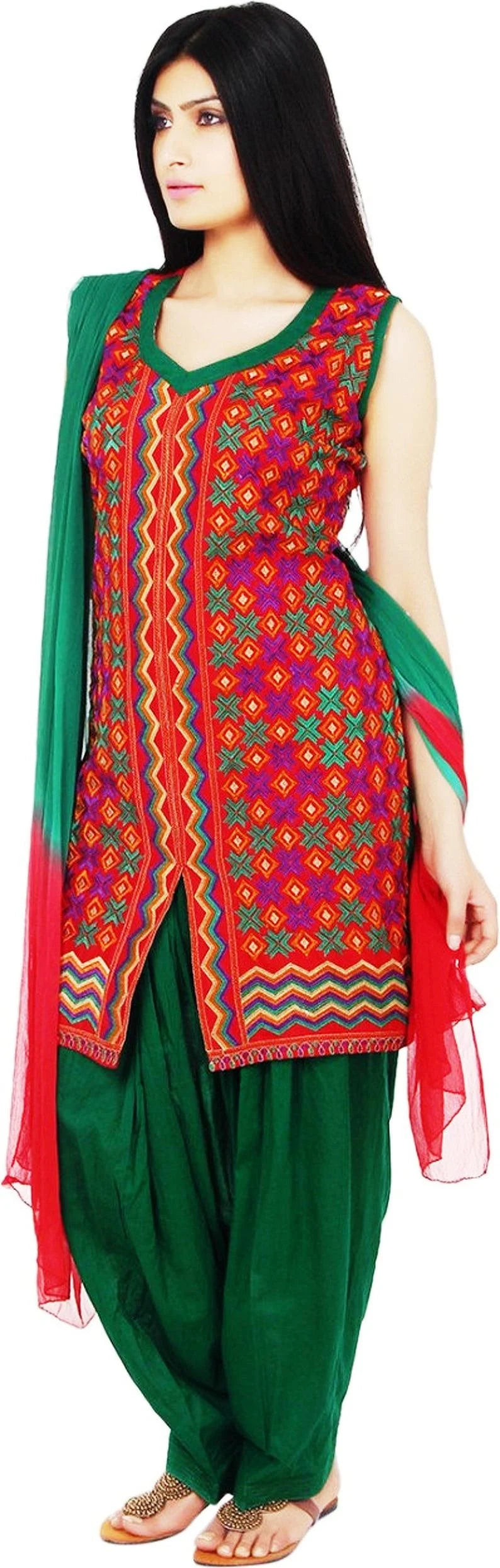 Red Phulkari Embroidered Readymade Salwar Suit Set… Chest 40 Inches , FREE DELIVERY