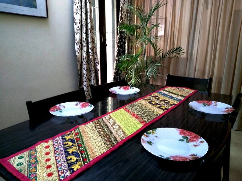 Pink Embroidered Table Runner – Festive Diwali Dining Table Decor