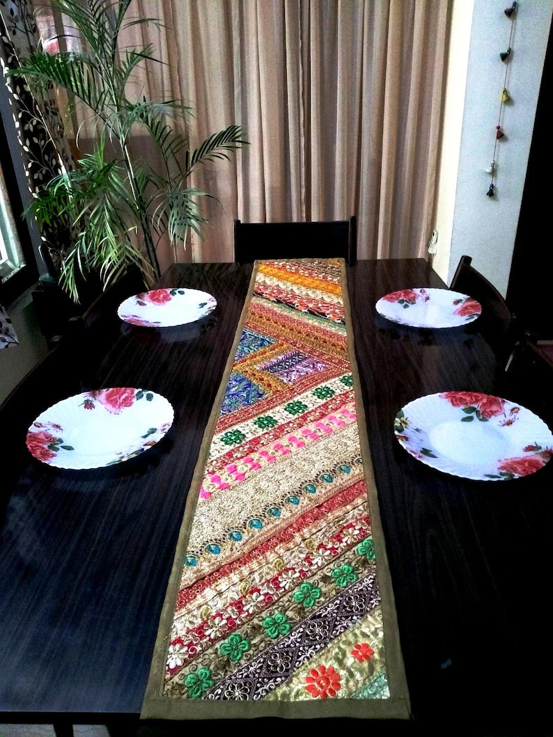 Beige Embroidered Table Runner – Elegant Diwali Dining Table Decor
