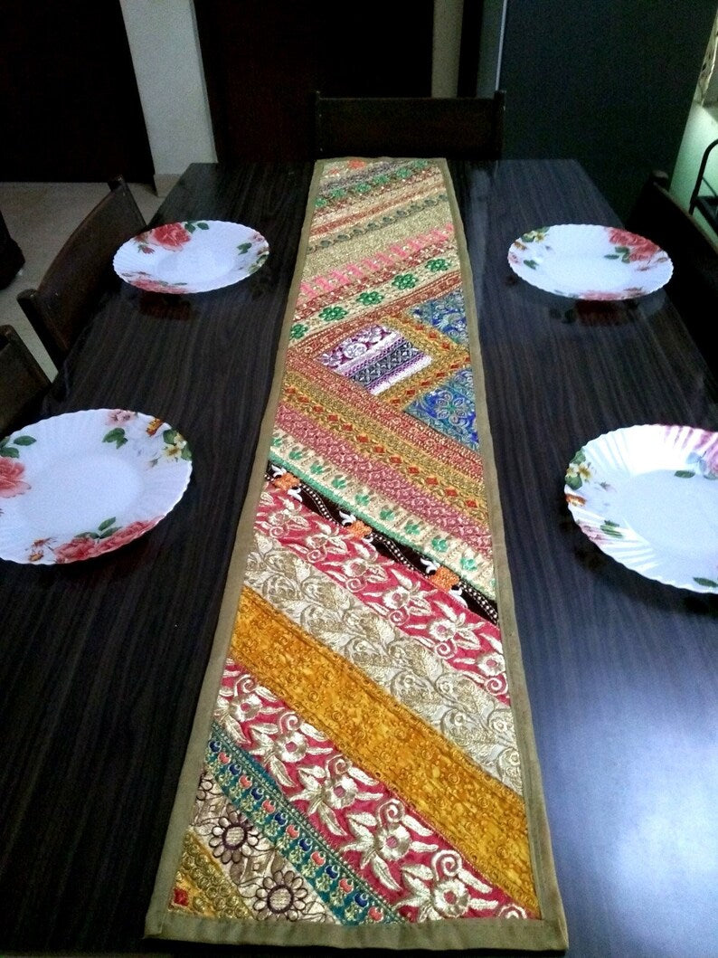 Beige Embroidered Table Runner – Elegant Diwali Dining Table Decor