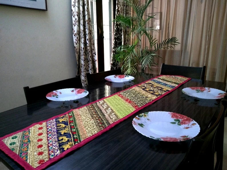 Pink Embroidered Table Runner – Festive Diwali Dining Table Decor