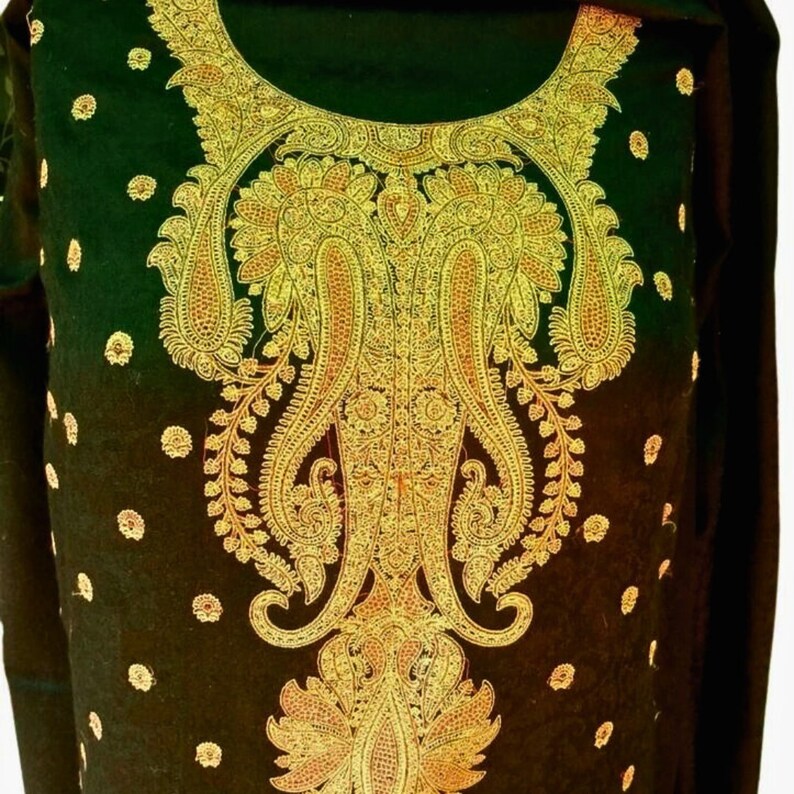 Black Woolen Kashmiri Embroidered Unstitched Suit Set – Winter Kurta, Salwar & Dupatta Fabric