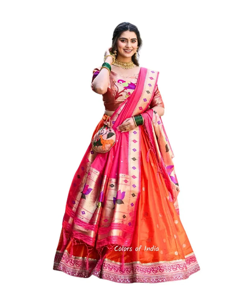 Paithani Orange Lehenga Choli | Wedding Lehenga Dress | Bridal Lehenga Orange