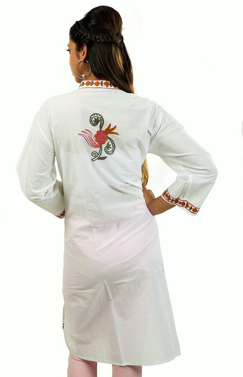 White Cotton Floral Embroidered Kurta for Women