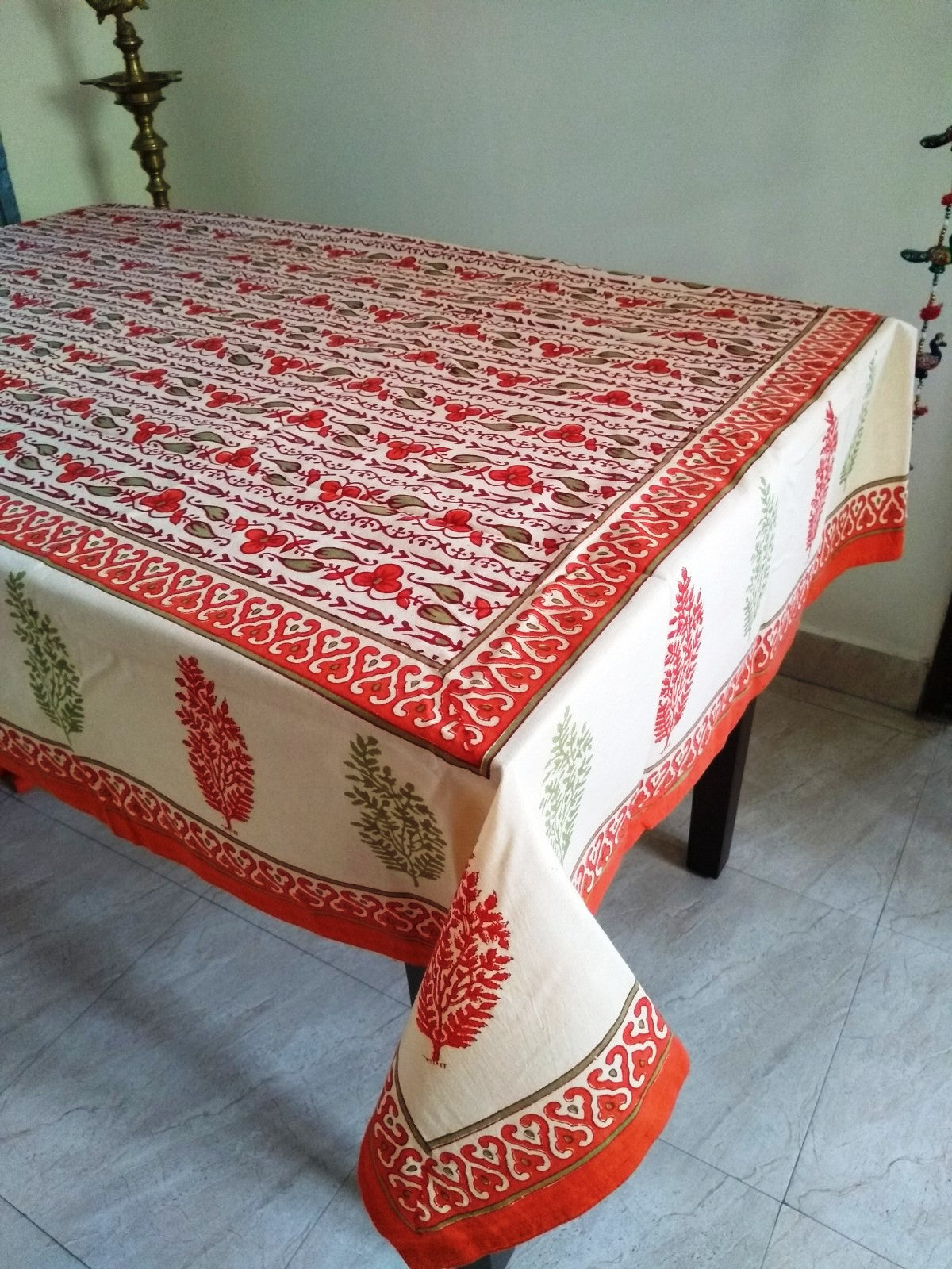 Festive Orange Handblock Printed Cotton Table Cloth – 6 Seater Dining Table Linen for Diwali & Holiday Decor