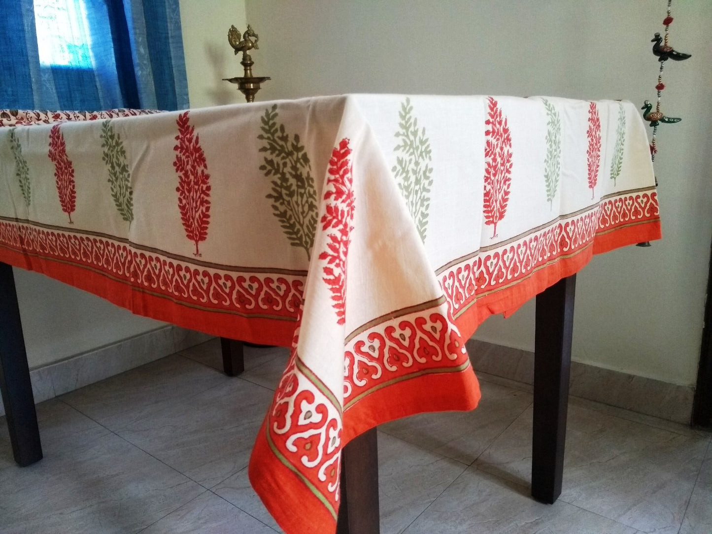 Festive Orange Handblock Printed Cotton Table Cloth – 6 Seater Dining Table Linen for Diwali & Holiday Decor