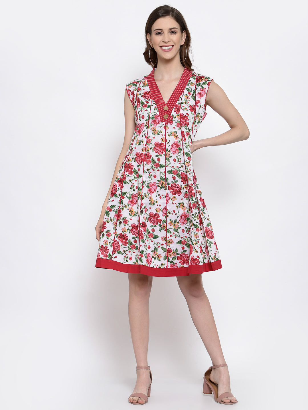 Red Cotton Floral Sleeveless Dress