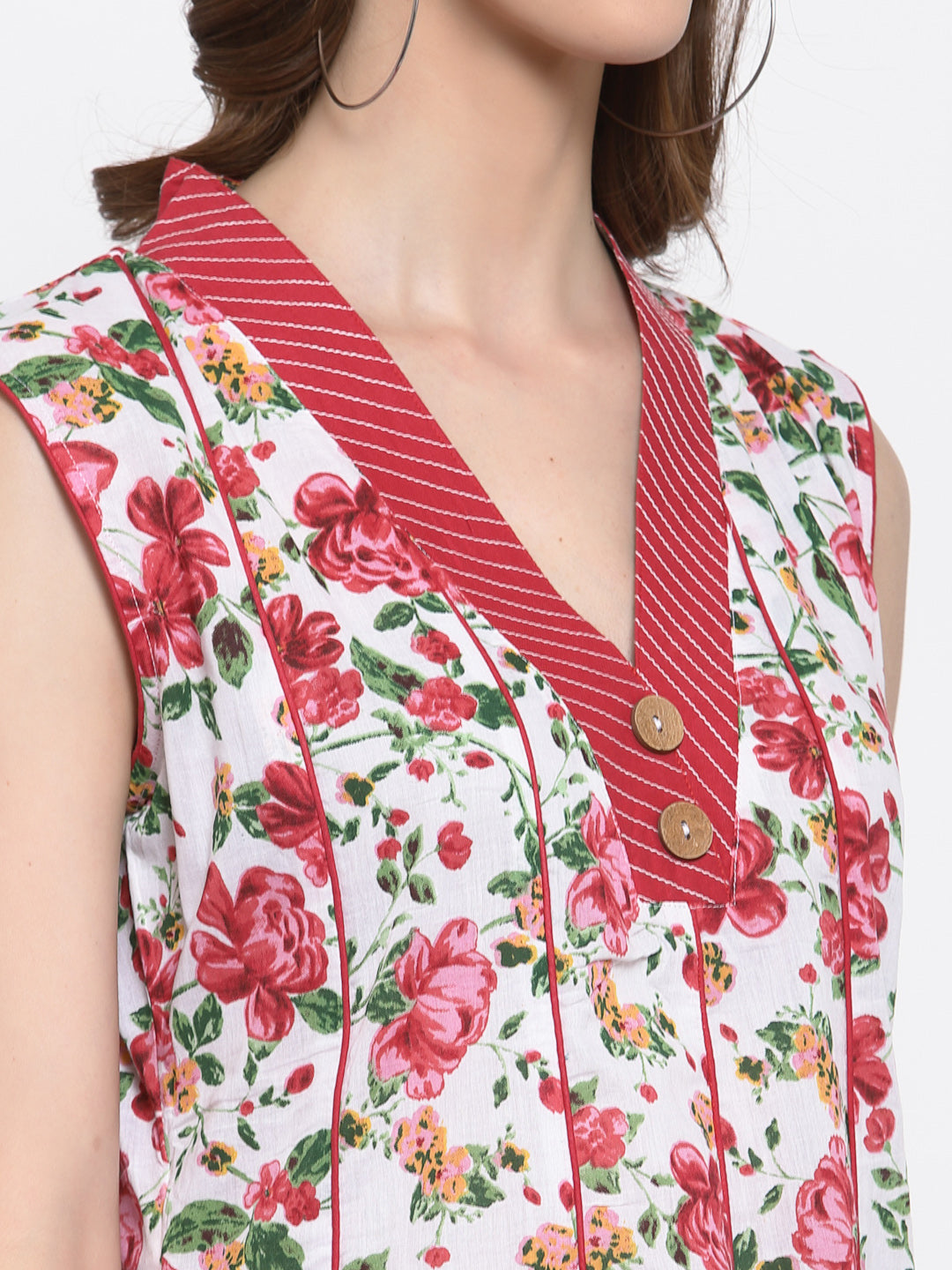 Red Cotton Floral Sleeveless Dress