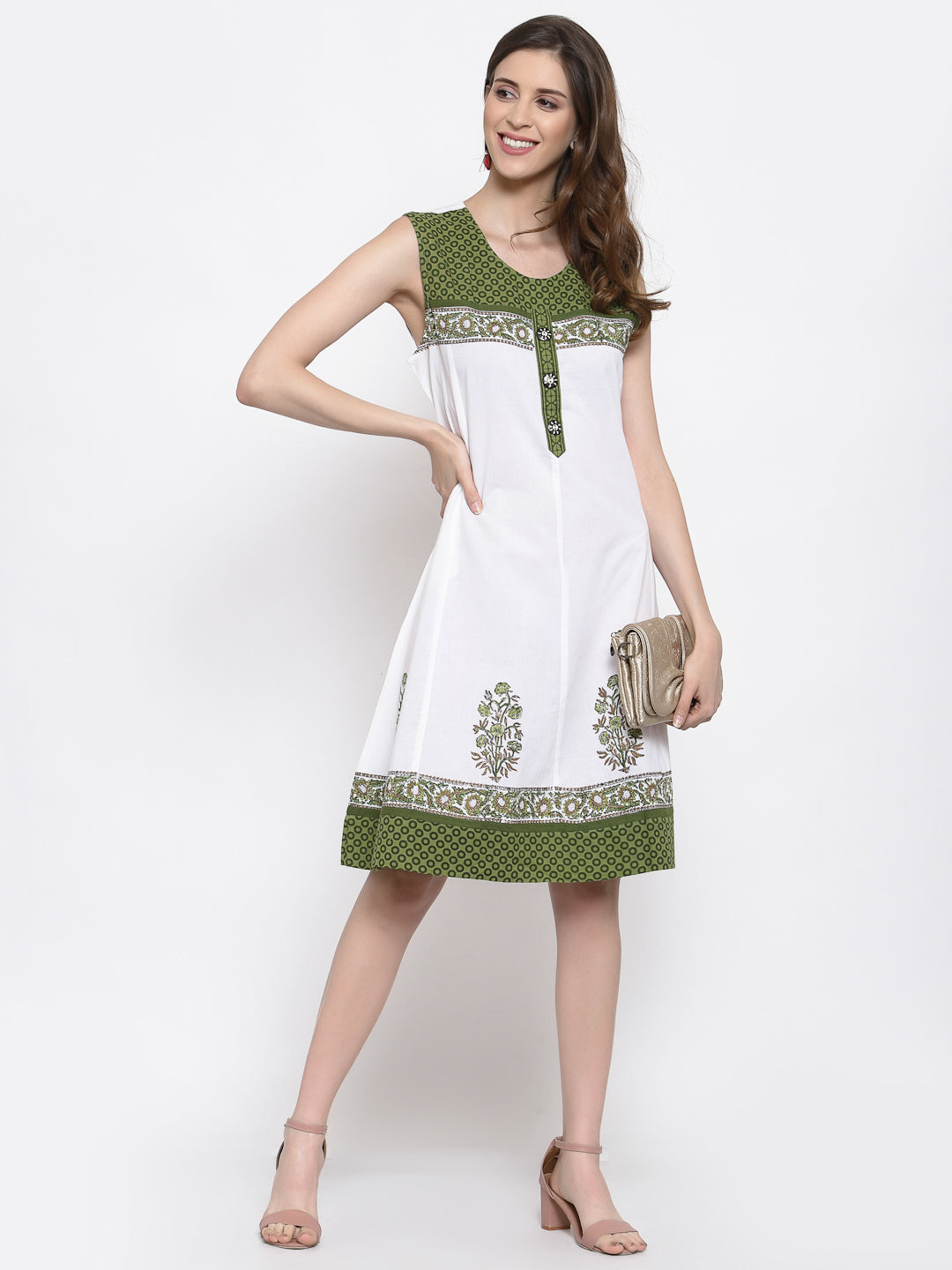 White / Green 100 % Cotton Sleeveless Dress